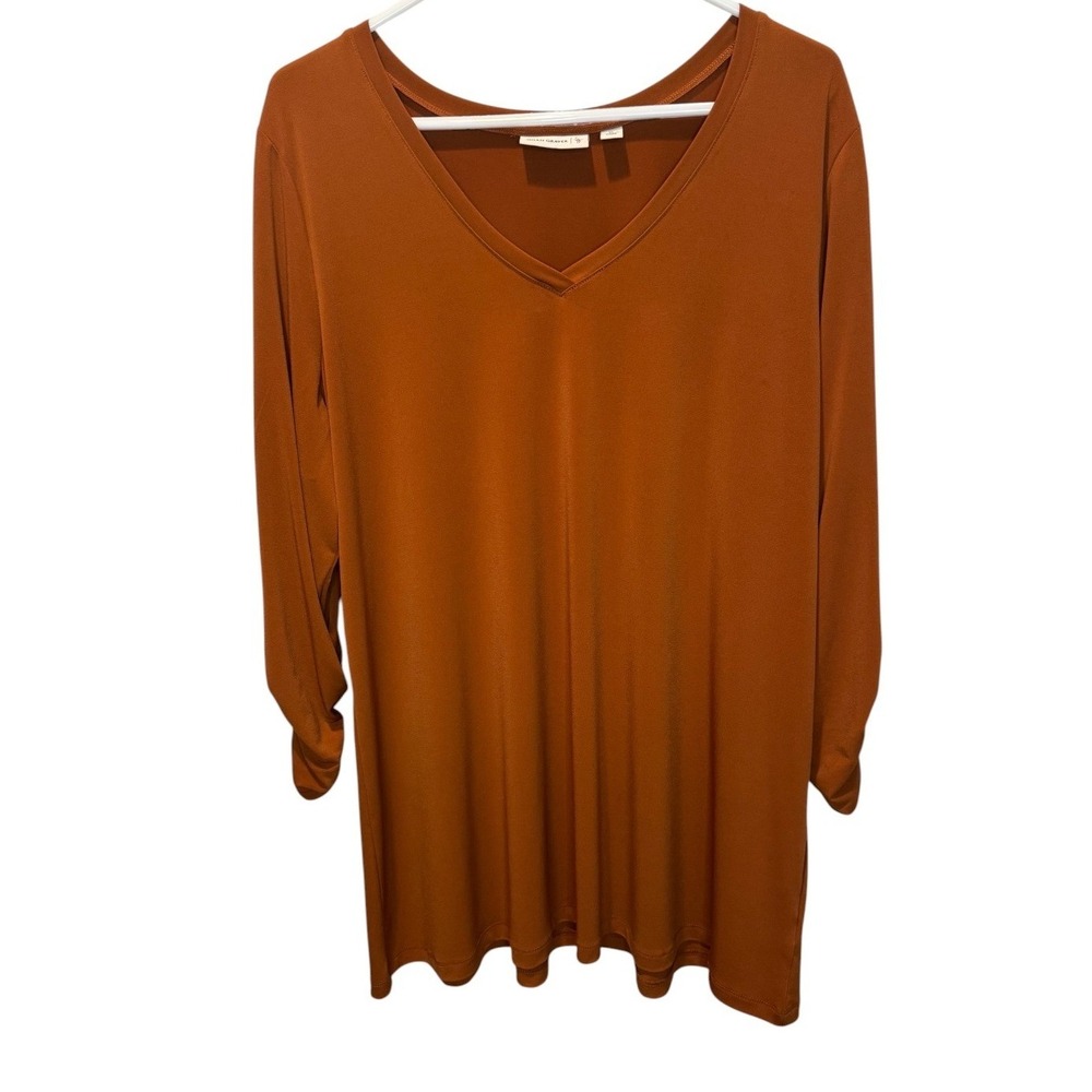 Susan Graver Womens Burnt Orange Liquid Knit Tunic Top Ruched 3/4 Sleeve XL